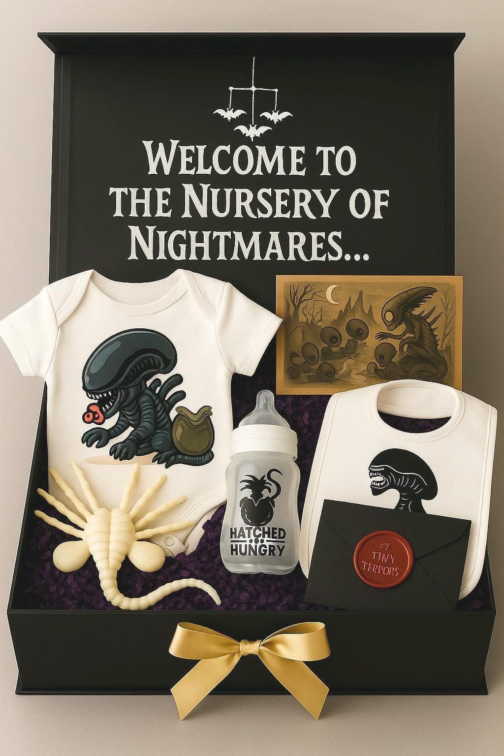 Alien Baby Gift Box | Sci Fi Baby Shower Present | Horror Themed Newborn Gift Set | Handmade Baby Vest Bib Bottle | UK Only