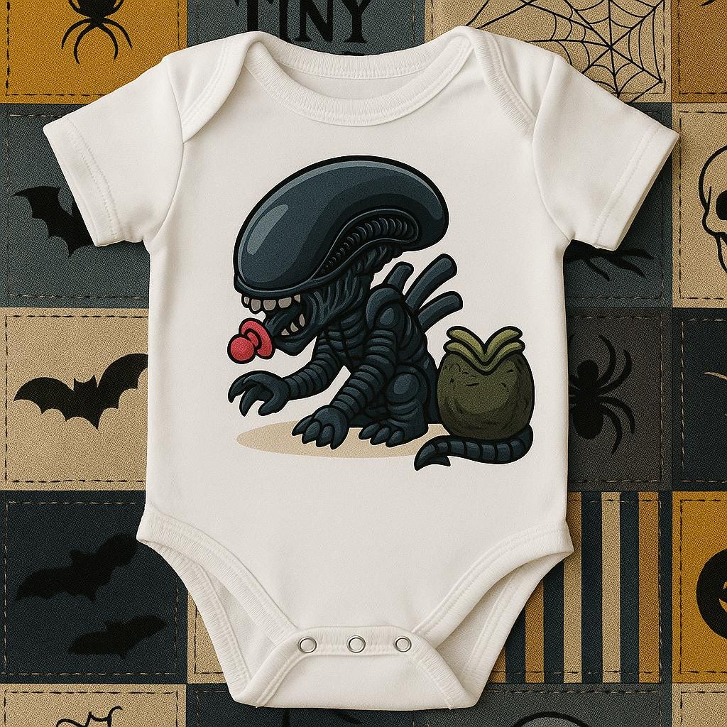 Alien Baby Gift Box | Sci Fi Baby Shower Present | Horror Themed Newborn Gift Set | Handmade Baby Vest Bib Bottle | UK Only