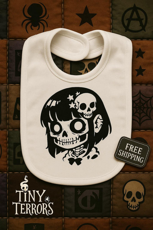 Chibi Zombie Girl Baby Bib – Creepy Cute Baby Gift – Tiny Terrors Gothic Bib – Halloween Babywear – Handmade Alternative Bib UK