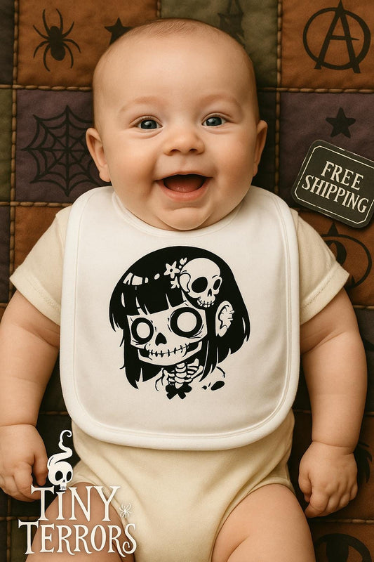 Chibi Zombie Girl Baby Bib – Creepy Cute Baby Gift – Tiny Terrors Gothic Bib – Halloween Babywear – Handmade Alternative Bib UK