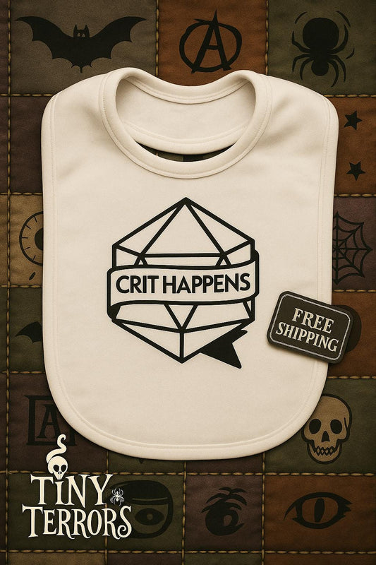 Crit Happens Baby Bib – Funny DnD Baby Gift | Nerdy Newborn Bib | Tabletop Gamer Baby Shower Present | Tiny Terrors