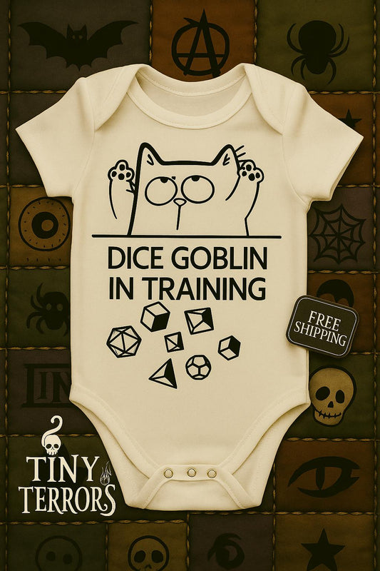 Dice Goblin In Training Baby Vest – Funny Gamer Baby Gift | DnD Cat Design | Nerdy Baby Shower Present | Tiny Terrors Clothing