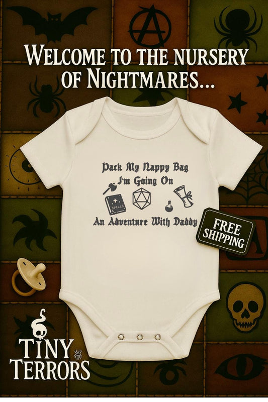 D&D Baby Vest | Adventure With Daddy Baby Grow | Pack My Nappy Bag | Dice RPG Gift | Tiny Terrors Dungeons Dragons Outfit UK