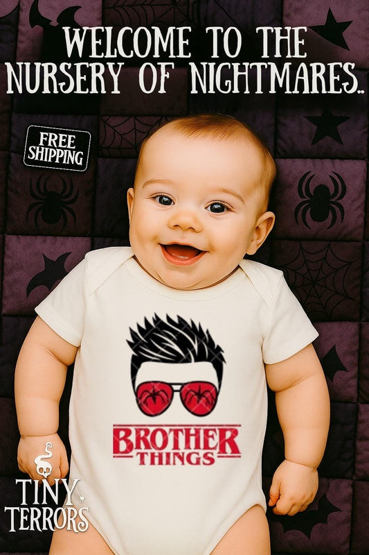 Brother Things (Spiked Hair Design) Brother Things Baby Vest and Bib Gift Set – Funny Retro Horror Baby Clothes – Demogorgon Parody Gift
