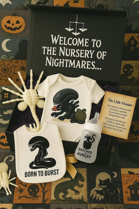 Alien Baby Gift Box | Sci Fi Baby Shower Present | Horror Themed Newborn Gift Set | Handmade Baby Vest Bib Bottle | UK Only