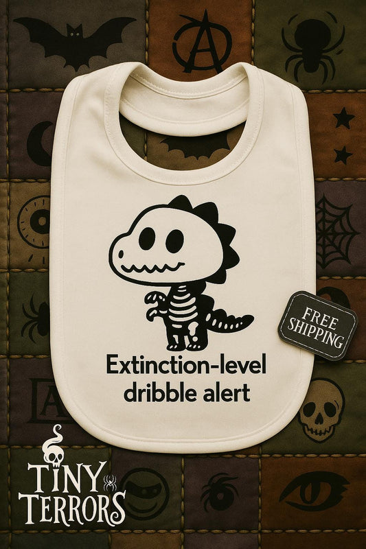 Extinction-Level Dribble Alert Bib – Funny Dinosaur Baby Bib – Cute and Creepy Baby Gift – Tiny Terrors Handmade Babywear UK