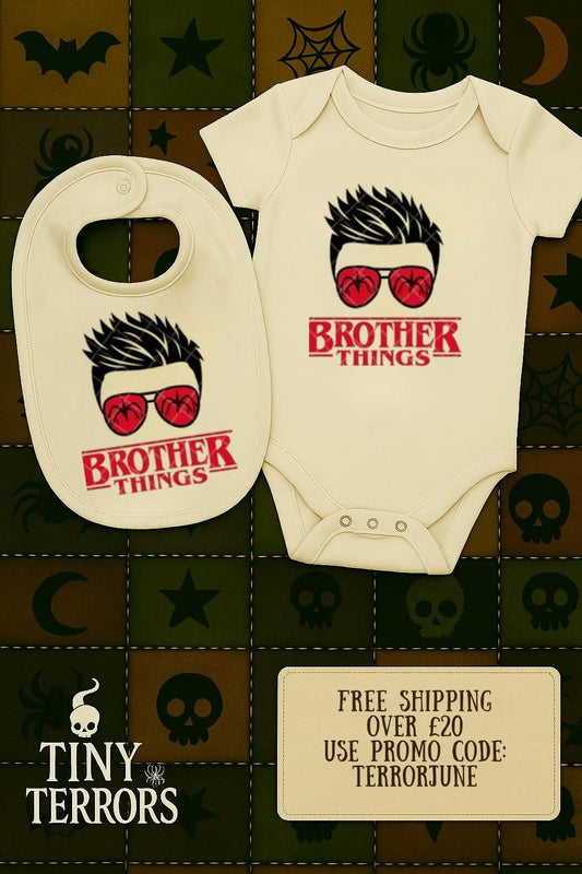 Brother Things (Spiked Hair Design) Brother Things Baby Vest and Bib Gift Set – Funny Retro Horror Baby Clothes – Demogorgon Parody Gift