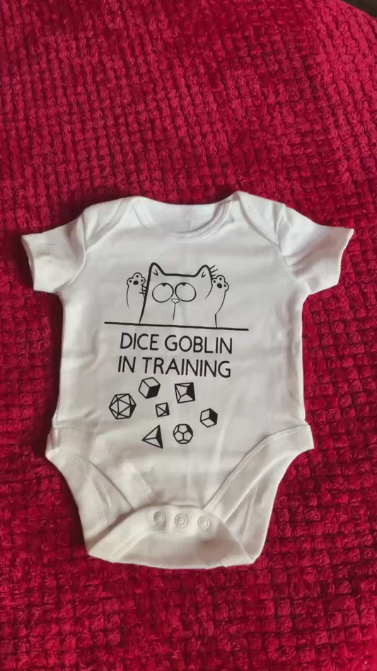 Dice Goblin In Training Baby Vest – Funny Gamer Baby Gift | DnD Cat Design | Nerdy Baby Shower Present | Tiny Terrors Clothing